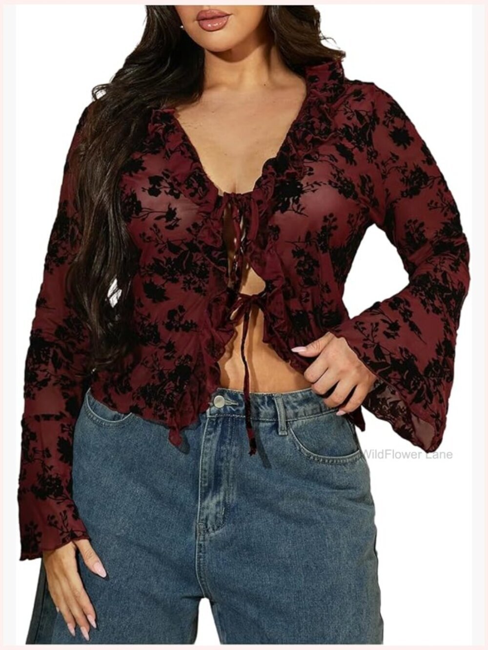 Plus Size Lace Sheer Tie Front Long Bell Sleeve T Shirt Tops